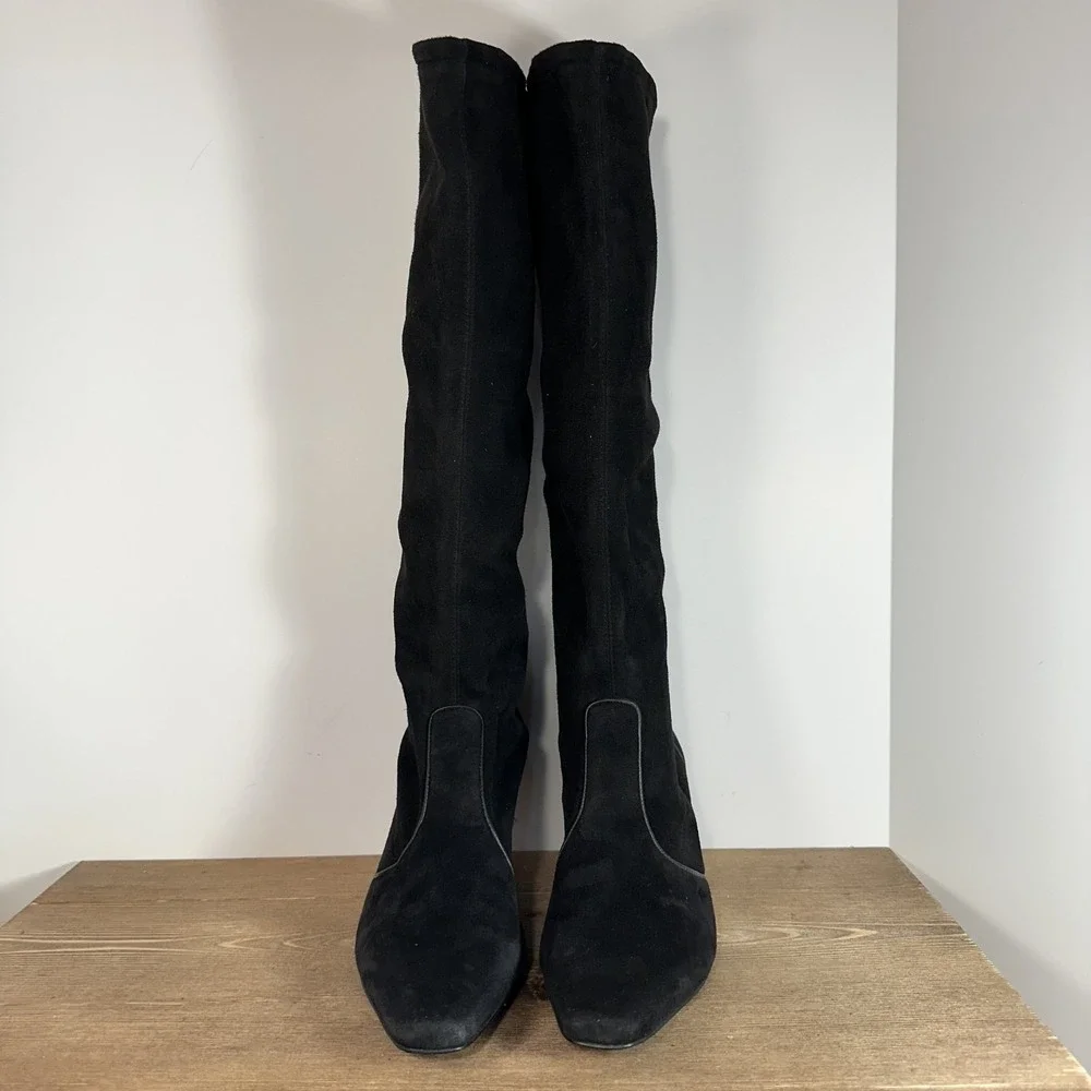 VTG Cole Haan Black Suede Knee High Sock Boots SZ 9B Kitten Heel Square Toe Chic
